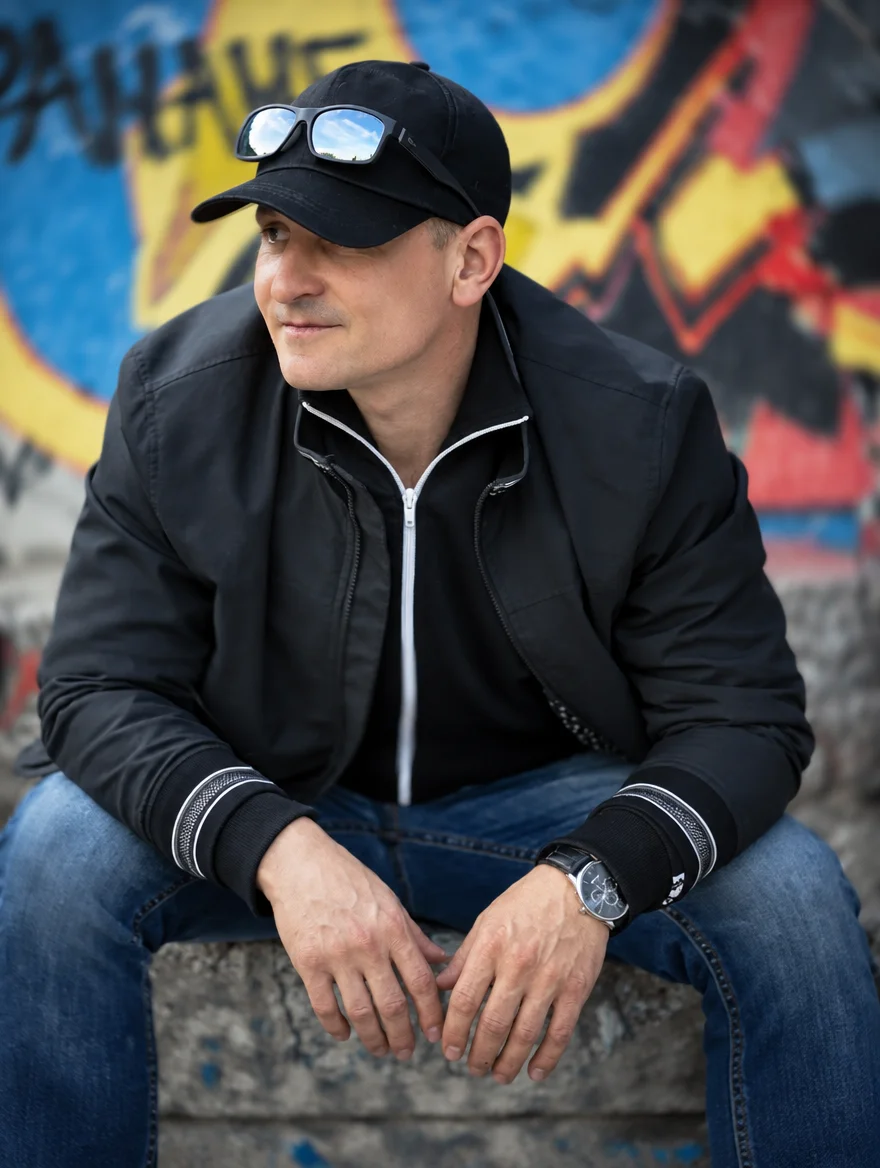 Retrato de Darek con gorra, delante de un mural de grafiti